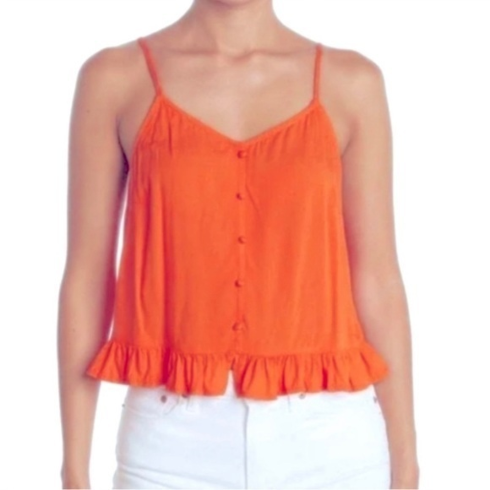 NWT - Abound Tank Top Size 2X Orange Fluro Cami Ruffle Trim Rayon V-Neck Button